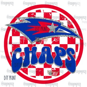 May include: A red, white, and blue design with a checkered background. The design features a blue and silver star with a blue and red wing. The word "CHAPS" is written in blue letters with a glittery effect. The words "DTF PRINT" are written in silver letters on the design.