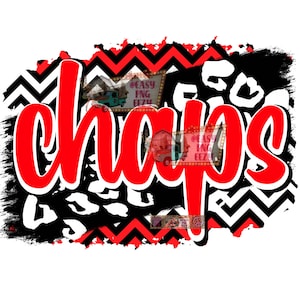 May include: Red text that says "chaps" on a black and white background with a chevron and leopard print pattern.