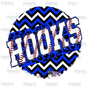 May include: A blue and white chevron pattern with a black leopard print overlay. The word "HOOKS" is written in white with red stitching, resembling a baseball.