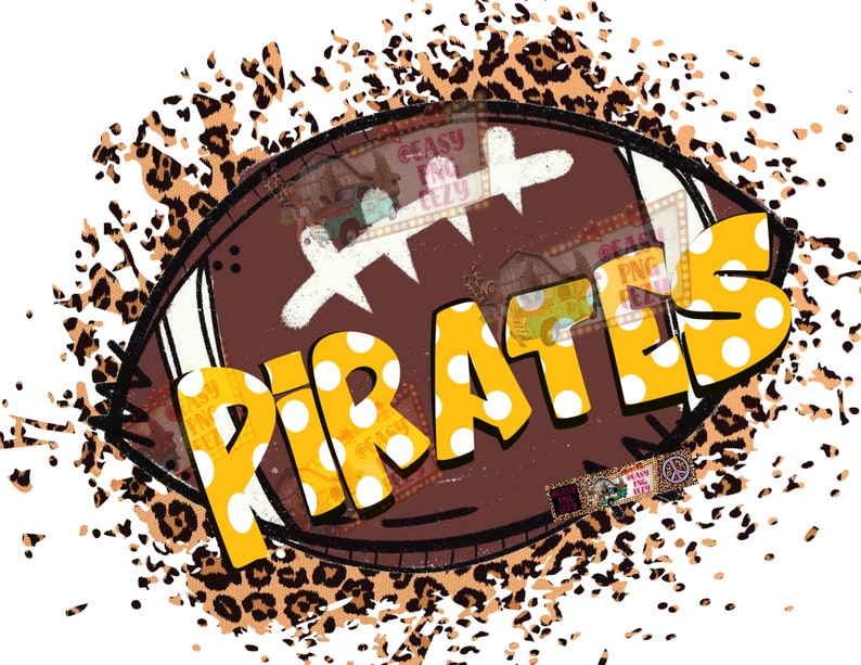 May include: A brown football with white laces and a yellow and white polka dot word "PIRATES" on it. The football is surrounded by a brown and black leopard print pattern.