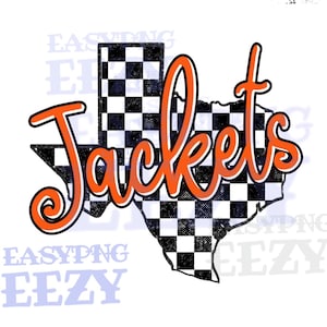 May include: A graphic featuring the outline of the state of Texas, filled with a black and white checkered pattern. The word "Jackets" is written in orange script across the Texas outline.
