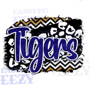 Tijgerssublimatie png/digitaal tekenbestand/teampng/tijgermascotte/voetbal/cheer/geest/chevron/luipaard/custom design/marineblauw/blauw/geel/goud
