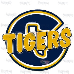 Mascota de Texas de los Tigres dorados y azules/Temporada de fútbol/Día del juego Png/Diseños de espíritu descargables/Camisetas personalizadas de los Tigres de Corsicana TX/Equipo/Creadores/