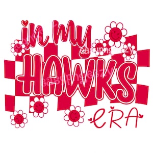 May include: Pink and white checkered background with the text "in my HAWKS era" in pink. There are several white flowers with yellow smiley faces around the text.