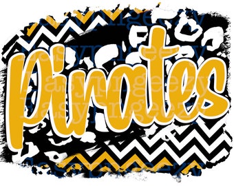 May include: Black and white chevron and leopard print background with the word "Pirates" in yellow text.