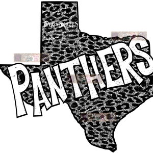 May include: Black and white graphic of the state of Texas with a leopard print pattern and the word "PANTHERS" in white text.