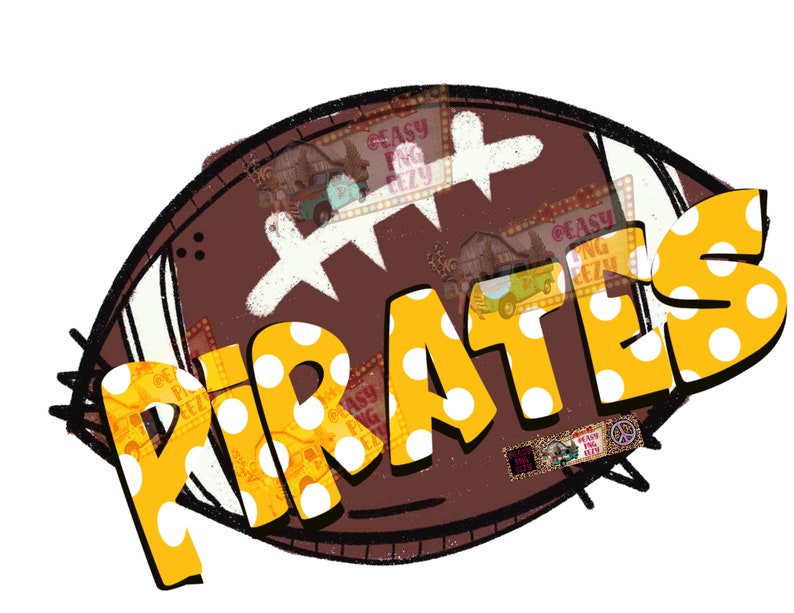 May include: A brown and white football with the word "PIRATES" in yellow with white polka dots. The word is in a comic book style font.