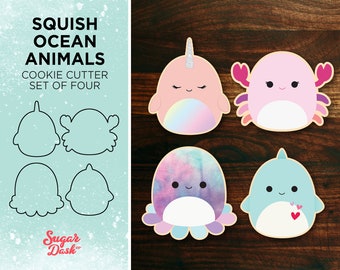 Ocean  Animals Squish Cookie Cutter Set of 4 | Narwhal, Crab, Octopus and Shark