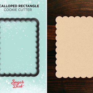 May include: Scalloped Rectangle Cookie Cutter. A black metal cookie cutter in the shape of a rectangle with scalloped edges. The cutter is on a light blue background with white speckles. The text "SCALLOPED RECTANGLE COOKIE CUTTER" is above the cutter. The text "Sugar Dash Co." is below the cutter.