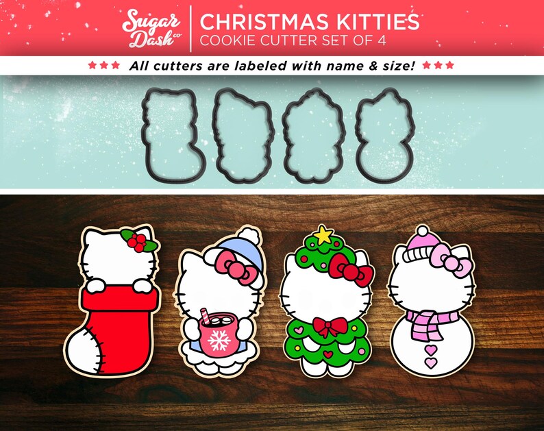 Christmas Kitty Cookie Cutter Set | Stocking, Cocoa, Tree and Snowman image 2