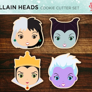 May include: A set of four cookie cutters featuring the faces of Disney villain characters. The cutters are in the shape of Cruella de Vil, Maleficent, the Evil Queen, and Ursula. The cutters are made of metal and have a silver finish.