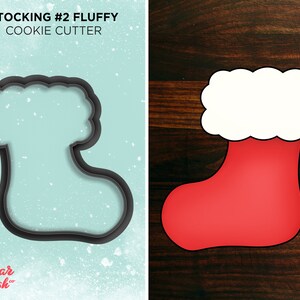 May include: A red and white stocking cookie cutter with the text "Stocking #2 Fluffy Cookie Cutter" and the logo "Sugar Dash" in the bottom left corner.