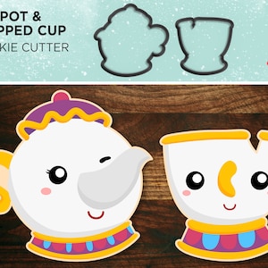 May include: A set of two cookie cutters, one shaped like a teapot and the other shaped like a chipped teacup. The teapot cutter has a handle and a spout, while the teacup cutter has a handle and a rounded shape. Both cutters are black and have a smooth surface.