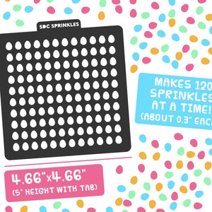 May include: A black and white stencil for making sprinkles. The stencil is 4.66 inches by 4.66 inches and is 5 inches tall with a tab. The stencil makes 120 sprinkles at a time, each about 0.3 inches in size. The text "SDC SPRINKLES" is at the top of the stencil. The text "MAKES 120 SPRINKLES AT A TIME! (ABOUT 0.3" EACH)" is in a blue box. The text "4.66"x4.66" (5" HEIGHT WITH TAB)" is in a pink box. The text "Sugar Dash" is in a pink box with a white background.