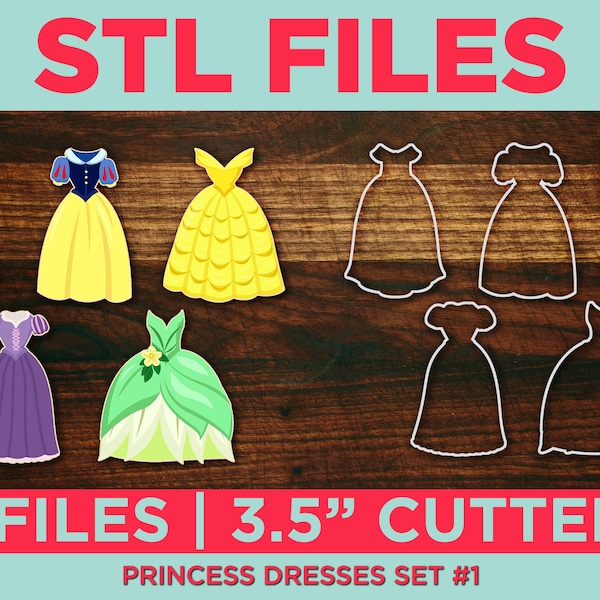STL Princess Dress Cookie Cutter Set of 5 - 3.5"