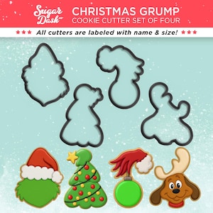 Christmas Grump Cookie Cutter Set of 4 with Grump, Dog, Christmas Tree and Hand Holding Ornament
