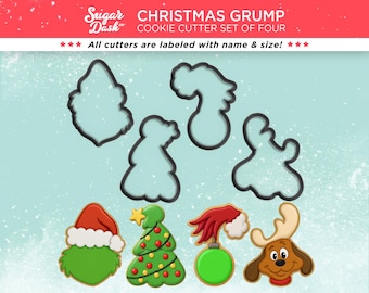 Christmas Grump Cookie Cutter Set of 4 with Grump, Dog, Christmas Tree and Hand Holding Ornament
