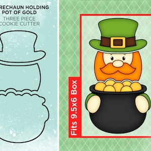 Leprechaun Holding a Pot of Gold - St Patricks Day Cookie Cutter Set of 3 - Fits 9.5x12 BRP Box