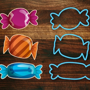 May include: Three colorful candy illustrations and two candy-shaped cookie cutters are displayed on a wooden surface. The candies are purple, orange, and blue, with detailed wrapping. The cookie cutters are outlined in blue.