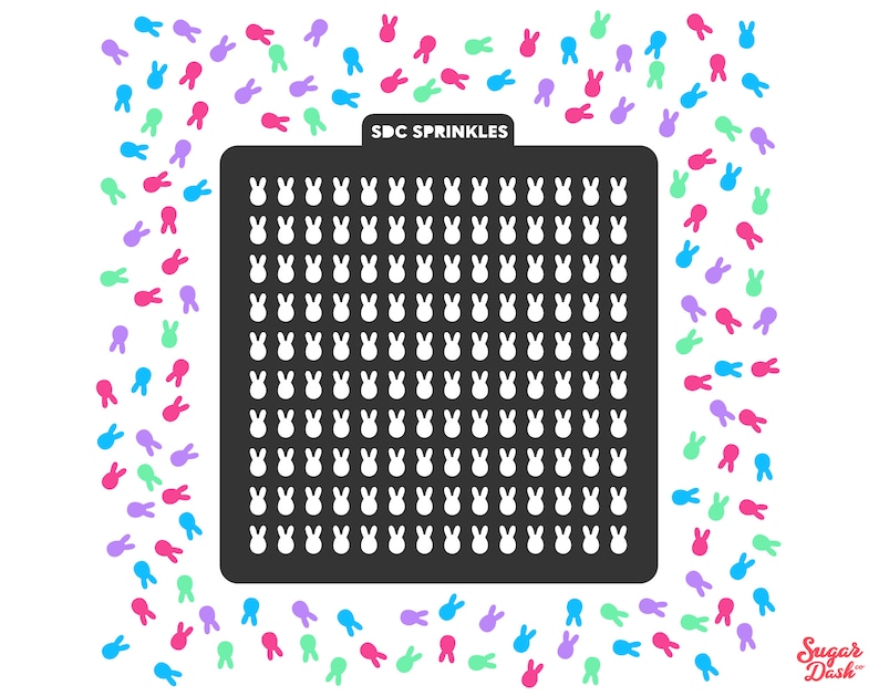 May include: Black stencil with a grid of bunny shapes. The stencil is surrounded by a border of colorful bunny shapes. The text "SDC SPRINKLES" is printed on the stencil.