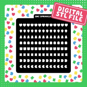 May include: A black and white digital STL file for a 3D printer. The file contains a variety of shapes, including hearts, stars, and other geometric designs. The file is labelled "SDC Sprinkle".