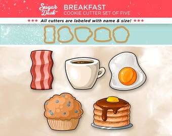 Breakfast Cookie Cutter Set with bacon, coffee, pancakes, eggs, and muffin