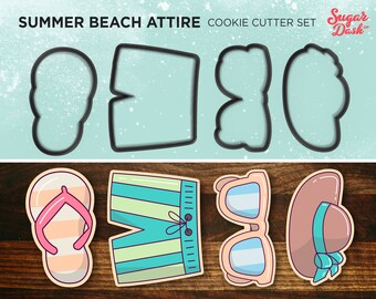 May include: A set of five cookie cutters shaped like summer beach attire. The cutters are black and are shown on a light blue background. The cutters include a pair of flip flops, a pair of shorts, a pair of sunglasses, and a sun hat.
