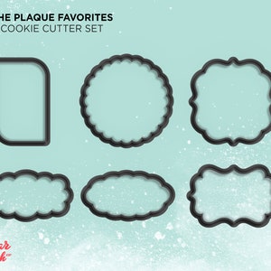 May include: A set of six black cookie cutters in various shapes, including a rectangle, a circle, and a rounded rectangle. The cookie cutters are arranged on a light blue background with white speckles. The text "THE PLAQUE FAVORITES COOKIE CUTTER SET" is at the top of the image.
