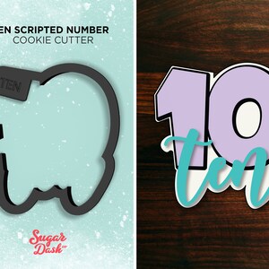 May include: A cookie cutter in the shape of the word "ten" with a purple and black outline. The word "ten" is written in a script font. The cookie cutter is on a light blue background with white speckles. The text "TEN SCRIPTED NUMBER COOKIE CUTTER" is at the top of the image. The text "Sugar Dash" is at the bottom of the image.