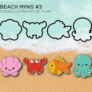 May include: Set of four cookie cutters shaped like a seashell, crab, fish, and octopus. The cutters are shown with the corresponding cookies, which are decorated with cute faces. The cookies are on a sandy background with a wave of foam.