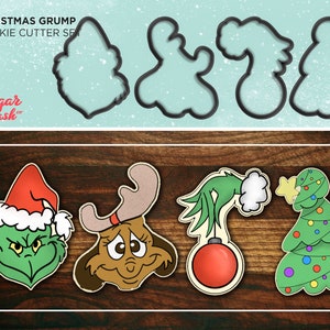 Christmas Grump Cookie Cutter Set of 4 with Grump, Dog, Christmas Tree and Hand Holding Ornament