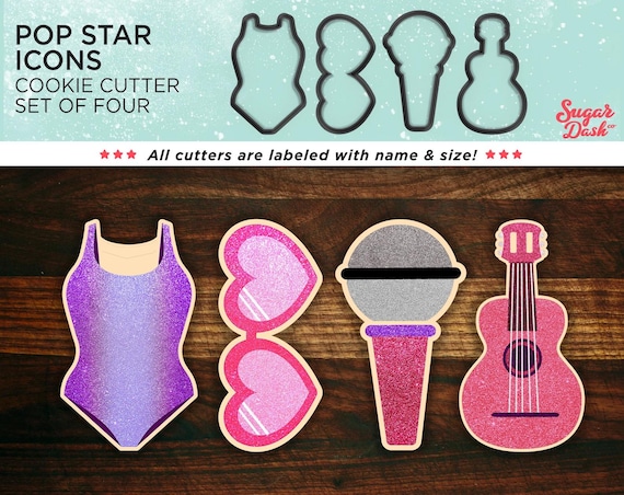 Pop Star Cookie Cutter Set of Four | Bodysuit, Mic, Guitar and Heart Sunglasses