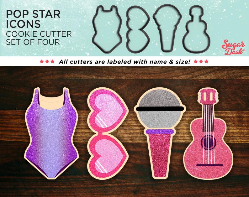 May include: Set of four cookie cutters shaped like a swimsuit, sunglasses, microphone, and guitar. The cutters are pink, purple, and silver with glitter.