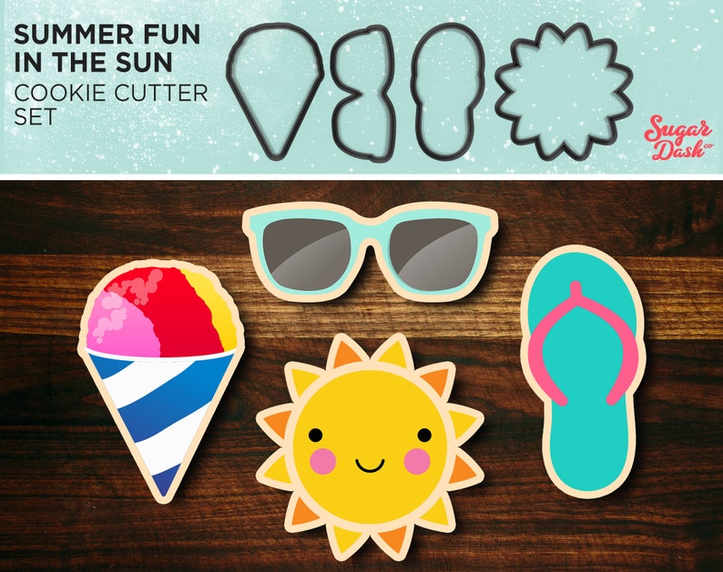 May include: A set of six cookie cutters in the shape of a sun, sunglasses, flip flops, a snow cone, and two ice cream cones. The cookie cutters are made of metal and have a silver finish. The text "Summer Fun in the Sun Cookie Cutter Set" is at the top of the image. The text "Sugar Dash" is at the bottom right of the image.