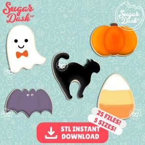 May include: A set of five Halloween-themed cookie cutters including a white ghost with an orange bowtie, an orange pumpkin, a black cat, a purple bat, and a piece of candy corn. The text reads Sugar Dash Co, 25 FILES, 5 SIZES, STL INSTANT DOWNLOAD.