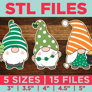 May include: Three gnomes with different hats and outfits. The gnome on the left is wearing a green and white striped hat and holding a four-leaf clover. The gnome in the middle is wearing a green and white polka dot hat and a garland of four-leaf clovers. The gnome on the right is wearing an orange and white striped hat and holding a pot of gold. STL FILES 5 SIZES | 15 FILES 3" | 3.5" | 4" | 4.5" | 5"