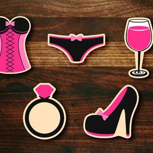Bachelorette Party Lingerie Cookie Cutter Set with ring, heel, wine glass, panties, and bustier