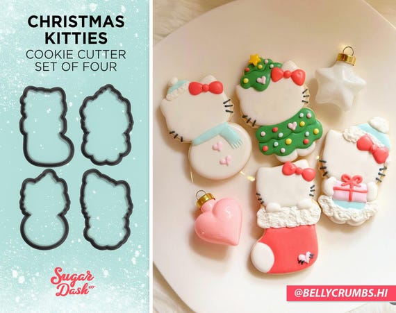 Christmas Kitty Cookie Cutter Set | Stocking, Cocoa, Tree and Snowman