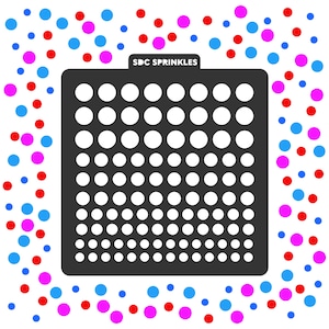 May include: A black stencil with the text "SDC Sprinkles" at the top. The stencil has a grid of 10 rows and 10 columns of circles.