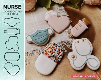 Nurse Appreciation Cookie Cutter Set with Stethoscope, Pill, Heart with Nurses Hat, Syringe, and Mask