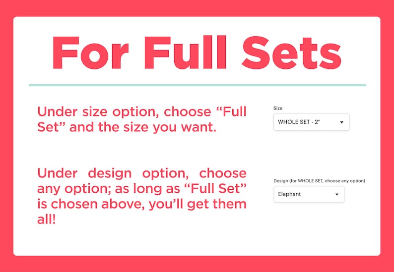 May include: A pink and white graphic with the text "For Full Sets" in bold red letters. The text below explains how to choose a full set of items. The text includes the words "Full Set" and "WHOLE SET".