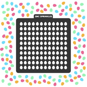 May include: Black stencil with the text "SDC SPRINKLES" at the top. The stencil has a grid of 10 rows and 10 columns of oval shapes. The stencil is surrounded by a scattering of colorful sprinkles.