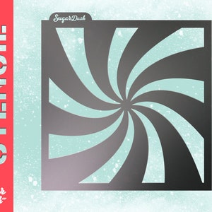 May include: A black and white swirl design stencil. The stencil is square shaped and has a spiral pattern.