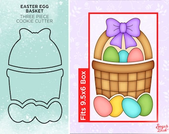 May include: Three-piece cookie cutter set for making an Easter egg basket. The cutter includes a basket, a bow, and a set of eggs. The cutter is made of metal and is designed to fit a 9.5x6 inch box. The image shows the cutter on a light blue background with a floral pattern.