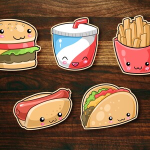 May include: Five cartoon food items with smiling faces. A hamburger, a cup of soda, french fries, a hot dog, and a taco.