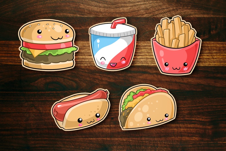 May include: Five cartoon food items with smiling faces. A hamburger, a cup of soda, french fries, a hot dog, and a taco.