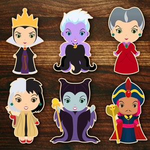 May include: Six cartoon villain characters from Disney movies. The characters are Ursula, Maleficent, Cruella de Vil, Evil Queen, Lady Tremaine, and Jafar. The characters are all in a chibi style and are wearing their iconic outfits.