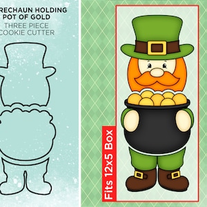 Leprechaun Standing with a Pot of Gold - St Patricks Day Cookie Cutter Set of 3 - Fits 12x5 BRP Box