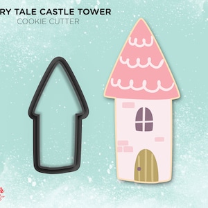 May include: A pink fairy tale castle tower cookie cutter with a white roof and a brown door. The cutter is on a light blue background with white speckles.