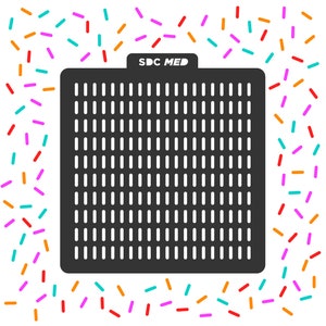 May include: Black and white stencil with the text "SDC MED" at the top. The stencil is a grid pattern with many small squares.